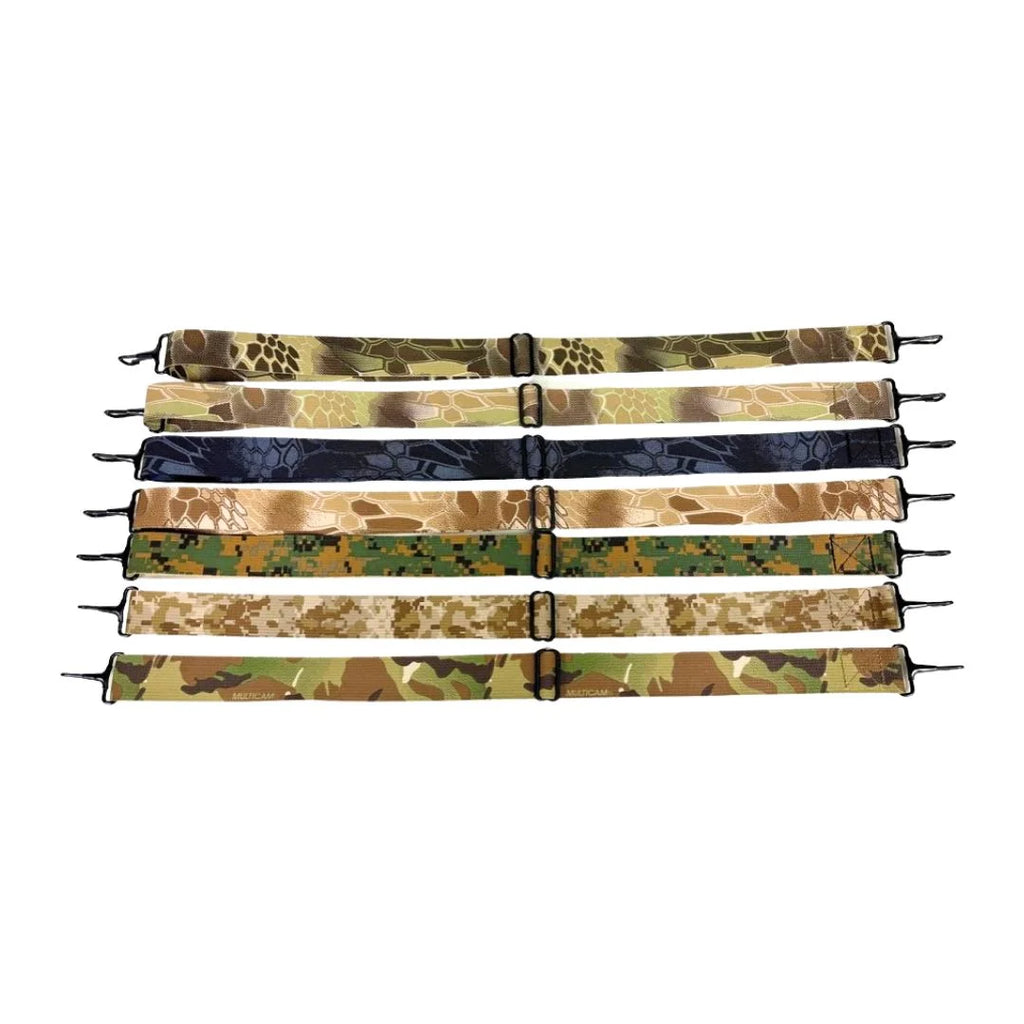Close up of 1.5-inch heavy-duty nylon tactical utility strap with metal swivel hooks.