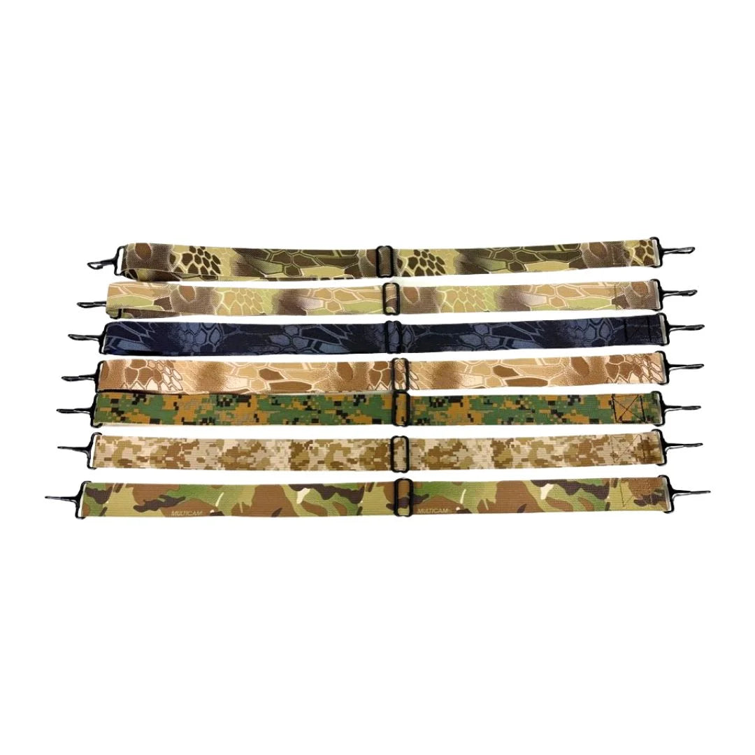 Close up of 1.5-inch heavy-duty nylon tactical utility strap with metal swivel hooks.