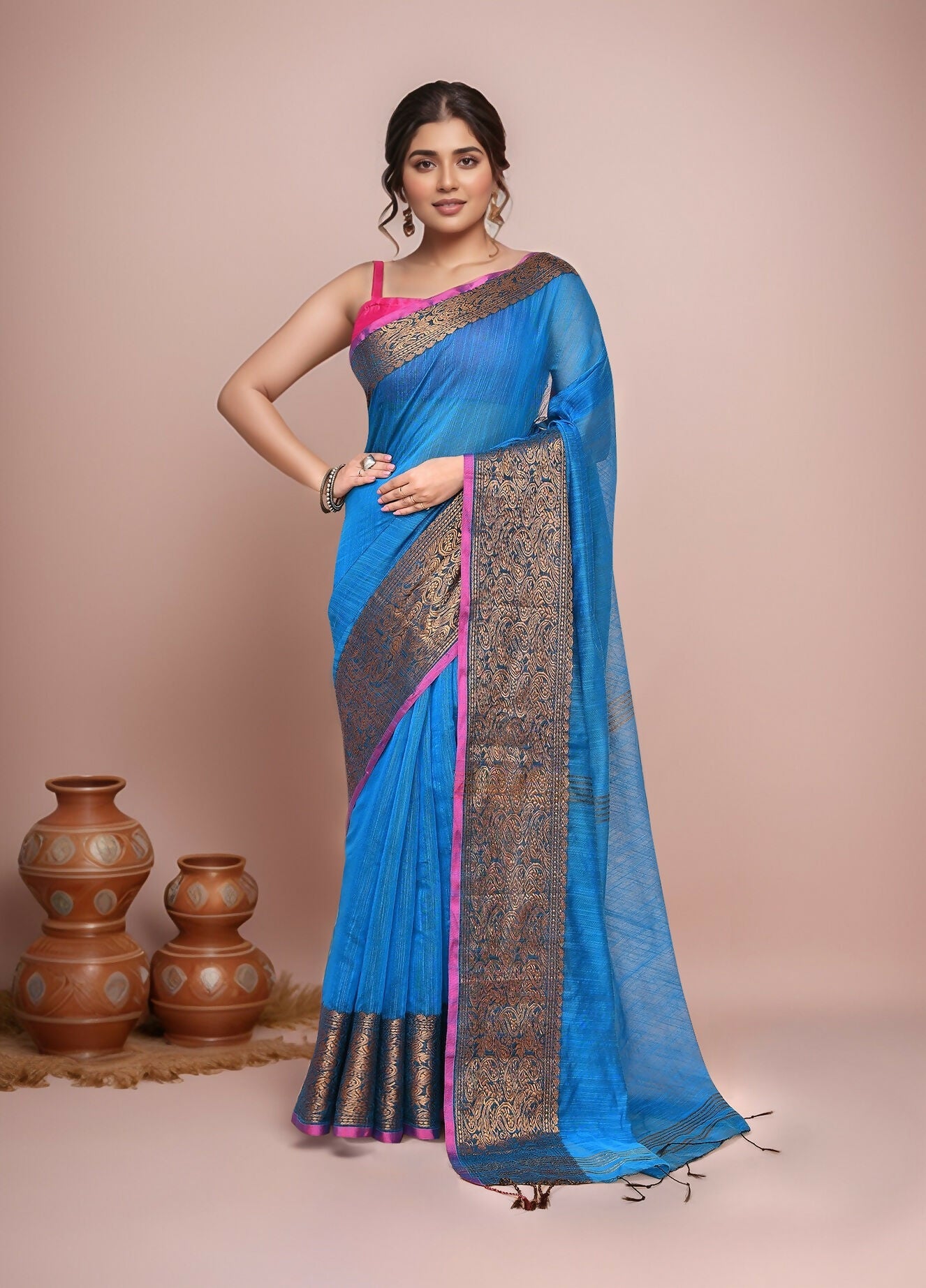 Classic Blue handloom cotton blend saree with elegant drape