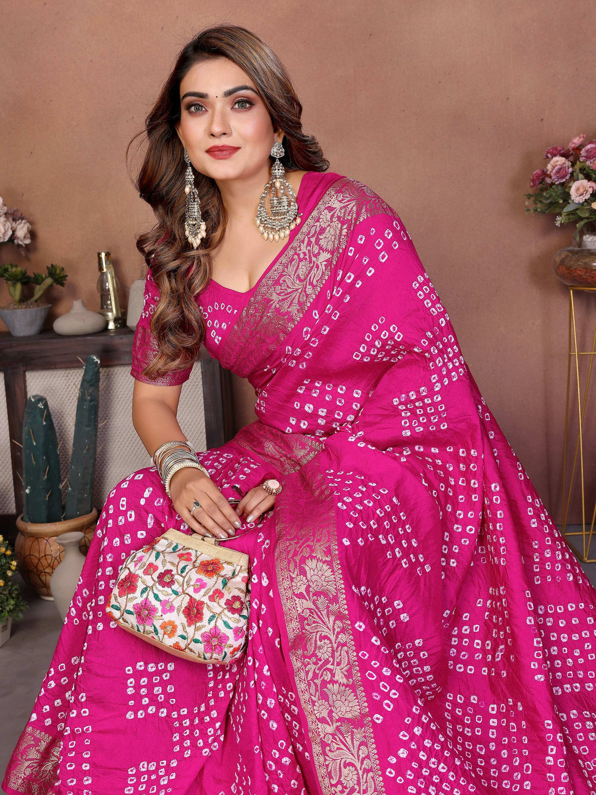 Pink Pure Dola Silk Saree with Handmade Original Bandhej