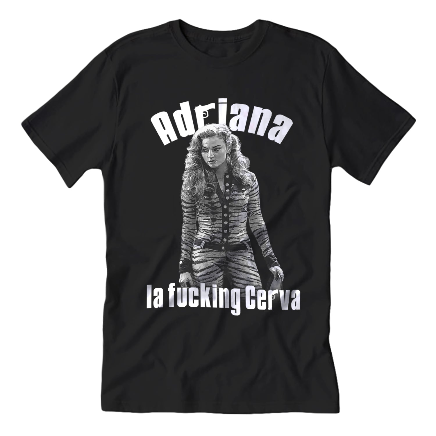 A graphic t-shirt featuring a tribute design to Adriana La Cerva, styled with a casual, early 2000s Jersey-inspired aesthetic.