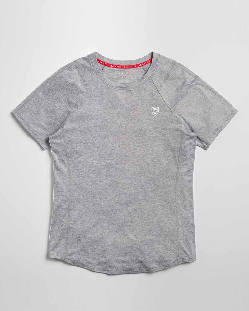 Women's grey short-sleeve athletic training t-shirt with crew neck and Goal Five logo