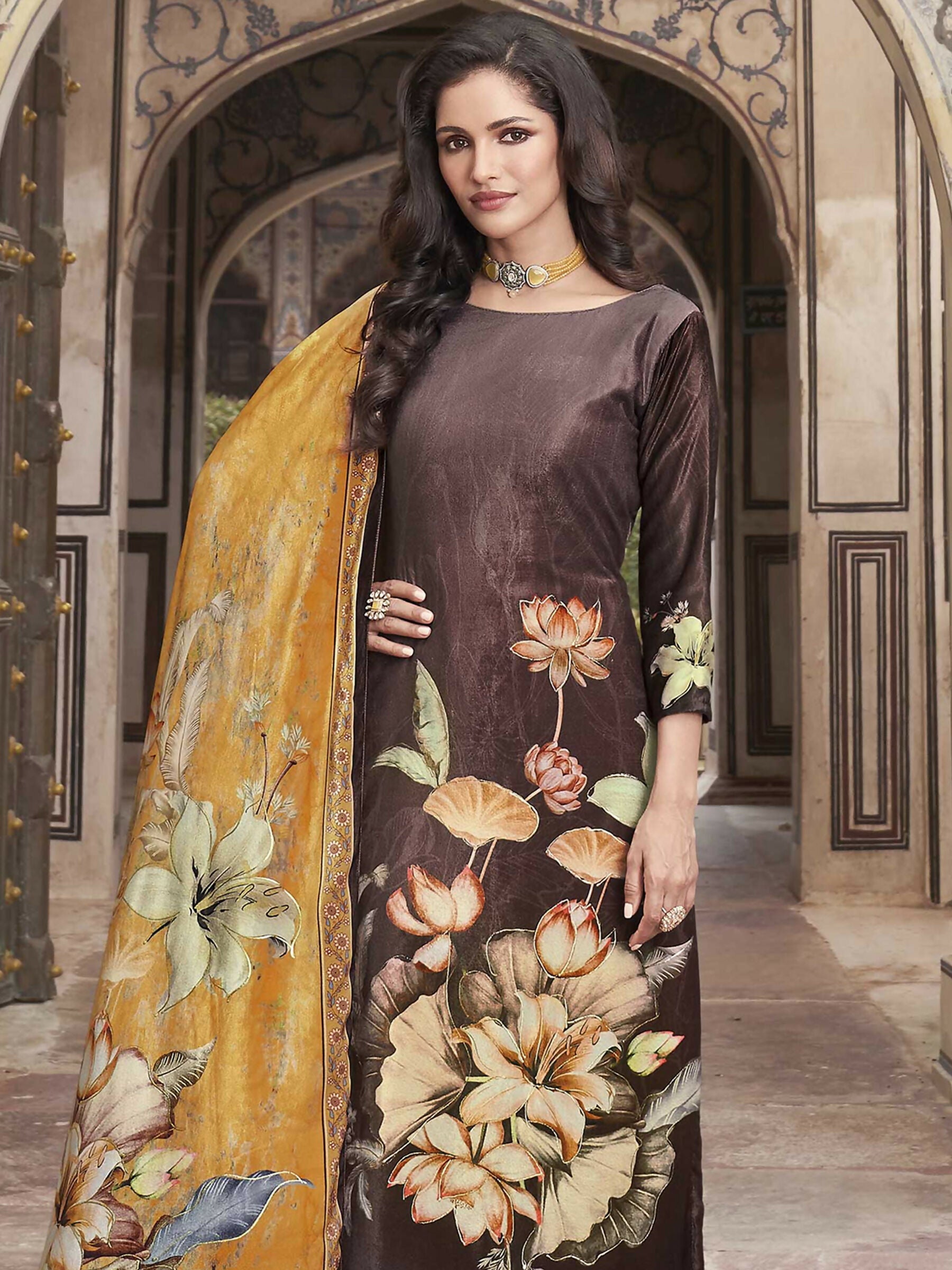 Women's Brown Velvet Floral Digital Print Straight Kurta Set