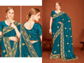Morpich Fendi Two Tone Silk Saree with gold Zari embroidery and zircon work