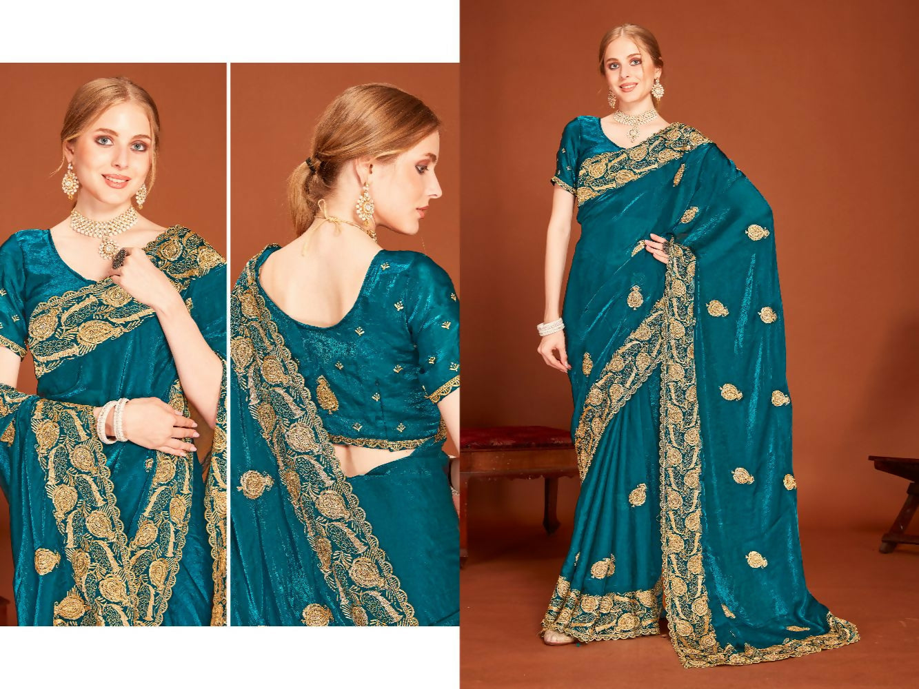Morpich Fendi Two Tone Silk Saree with gold Zari embroidery and zircon work
