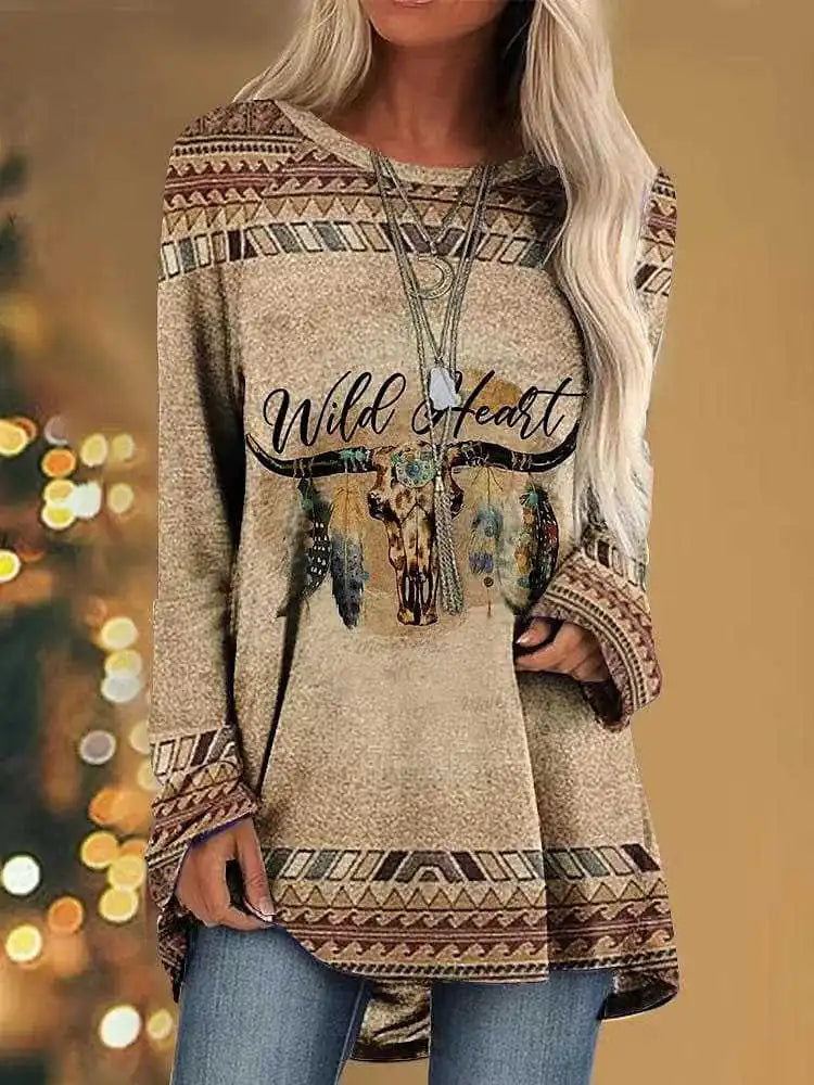 Women's Long Sleeve Graphic Animal Print T-Shirt Tan Relaxed Fit - Image 7
