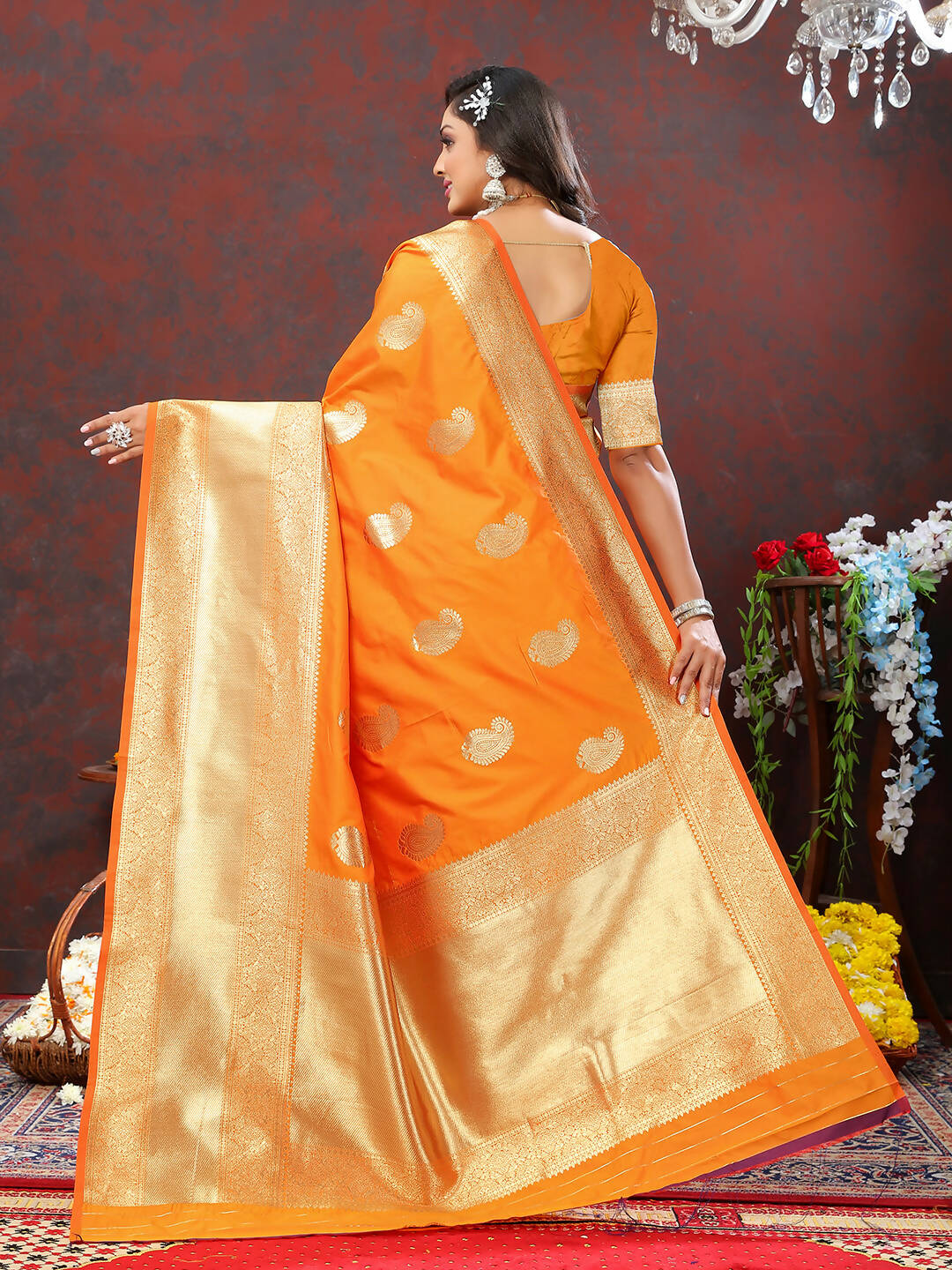 Orange Soft Silk Saree with Traditional Gold Zari Woven Design