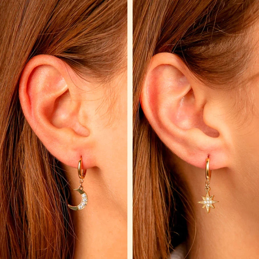 SUNIBI Stainless Steel Drop Earrings for Women Girl Star Moon Pendant Earrings Fashion Party Gifits Wedding Jewelry Wholesale