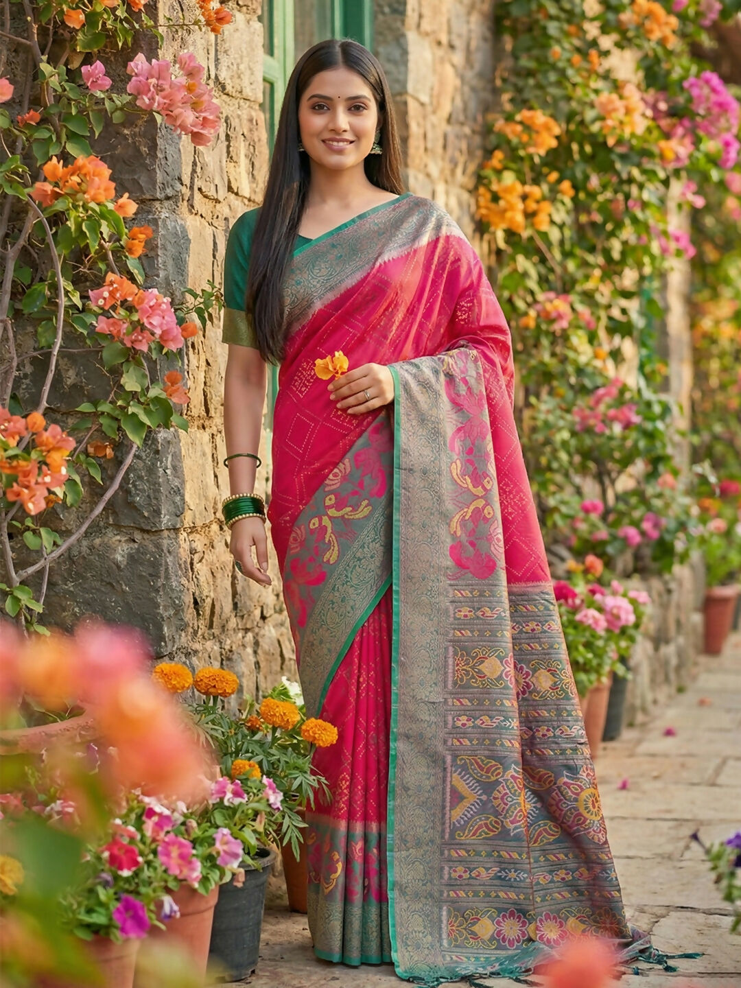 Pink Pochampally Silk Saree with Traditional Weave