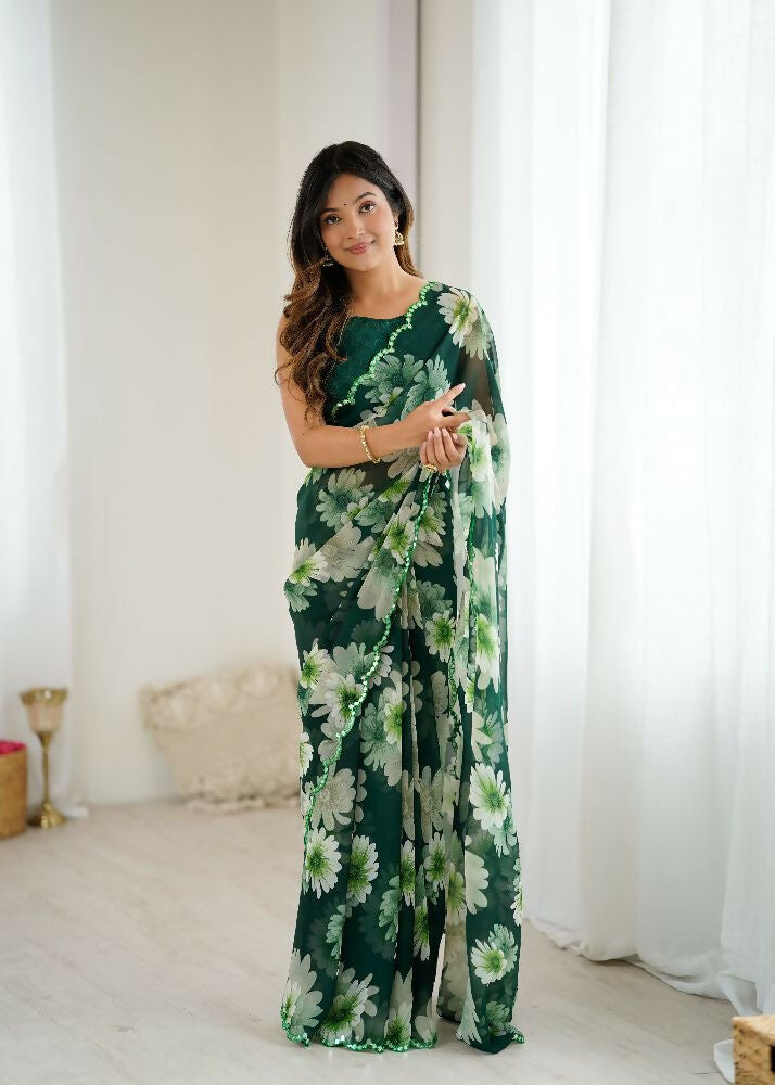 Green Georgette Printed Saree with Mirror Work Detailing
