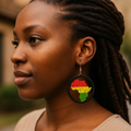 Round Africa continent statement earrings in red, yellow, and green colors with black frame