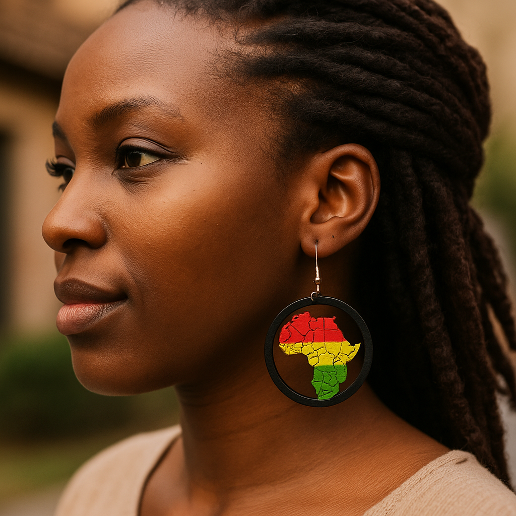 Round Africa continent statement earrings in red, yellow, and green colors with black frame