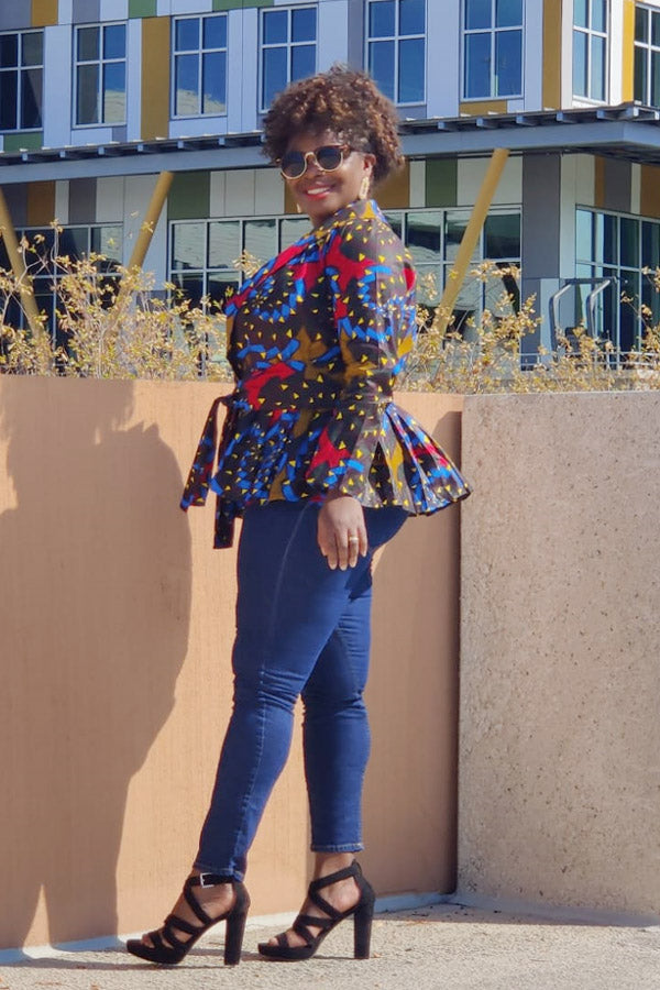 African Print  Long Sleeved Peplum Blouse