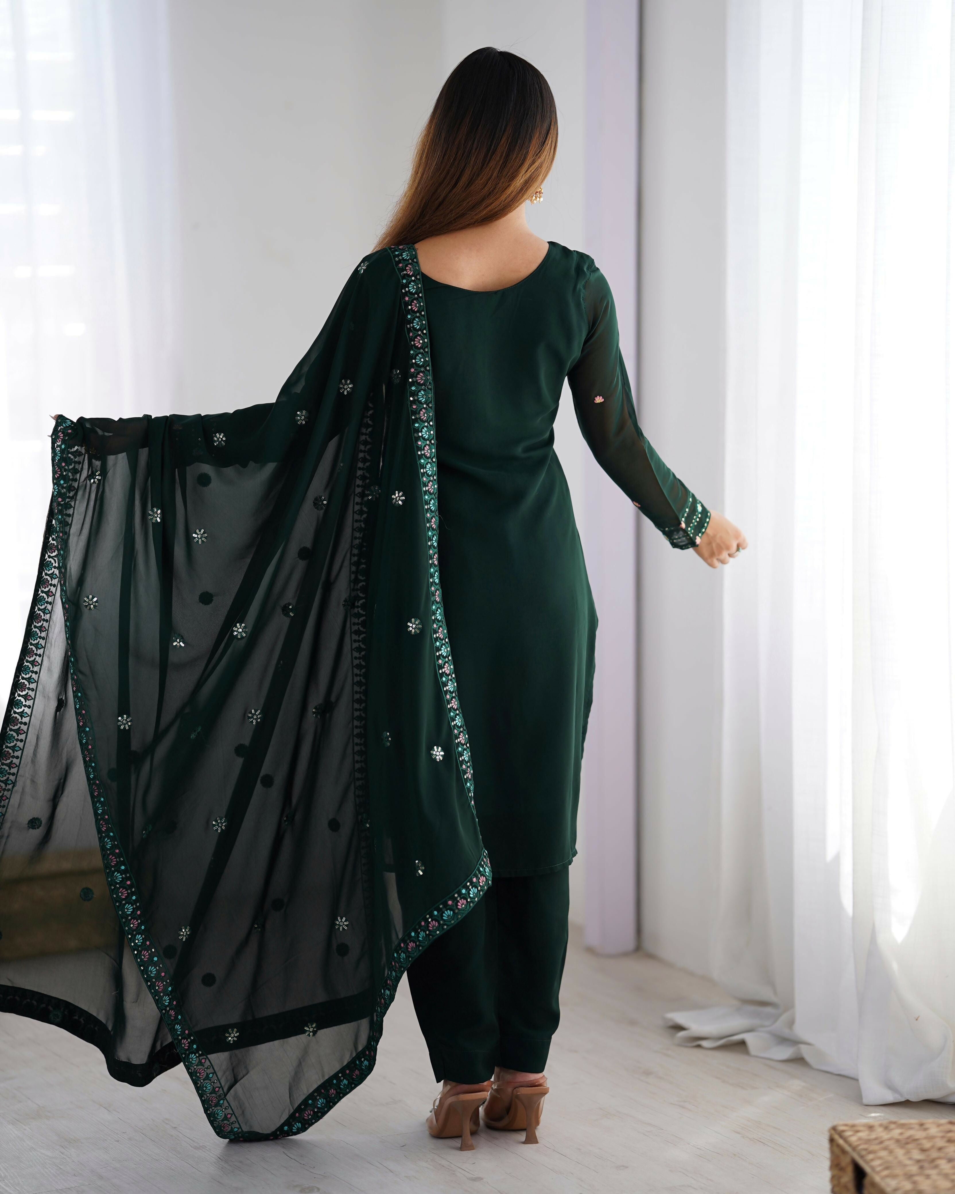 Joban Fashion Dark Green Kurta set with Pant Georgette Thread with Sequins work