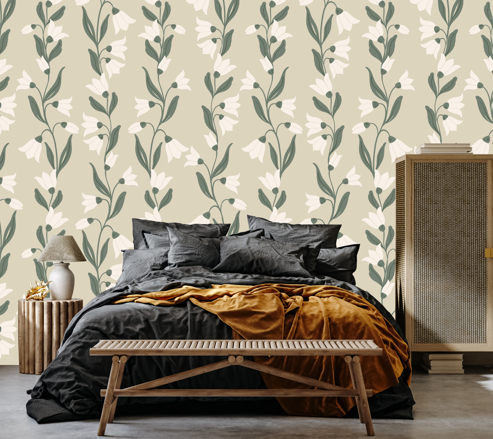Agatha Floral Botanical Wallpaper - Sage-Green & Off-White