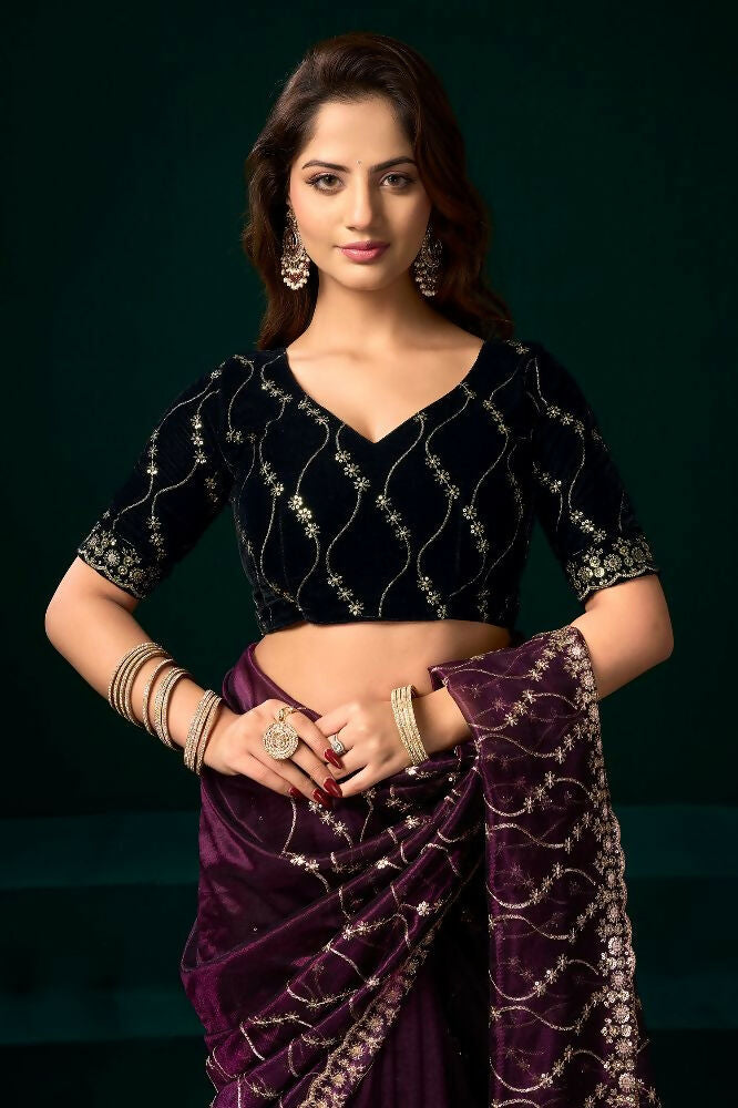 Wine Net Party Wear Saree with Black Velvet Blouse