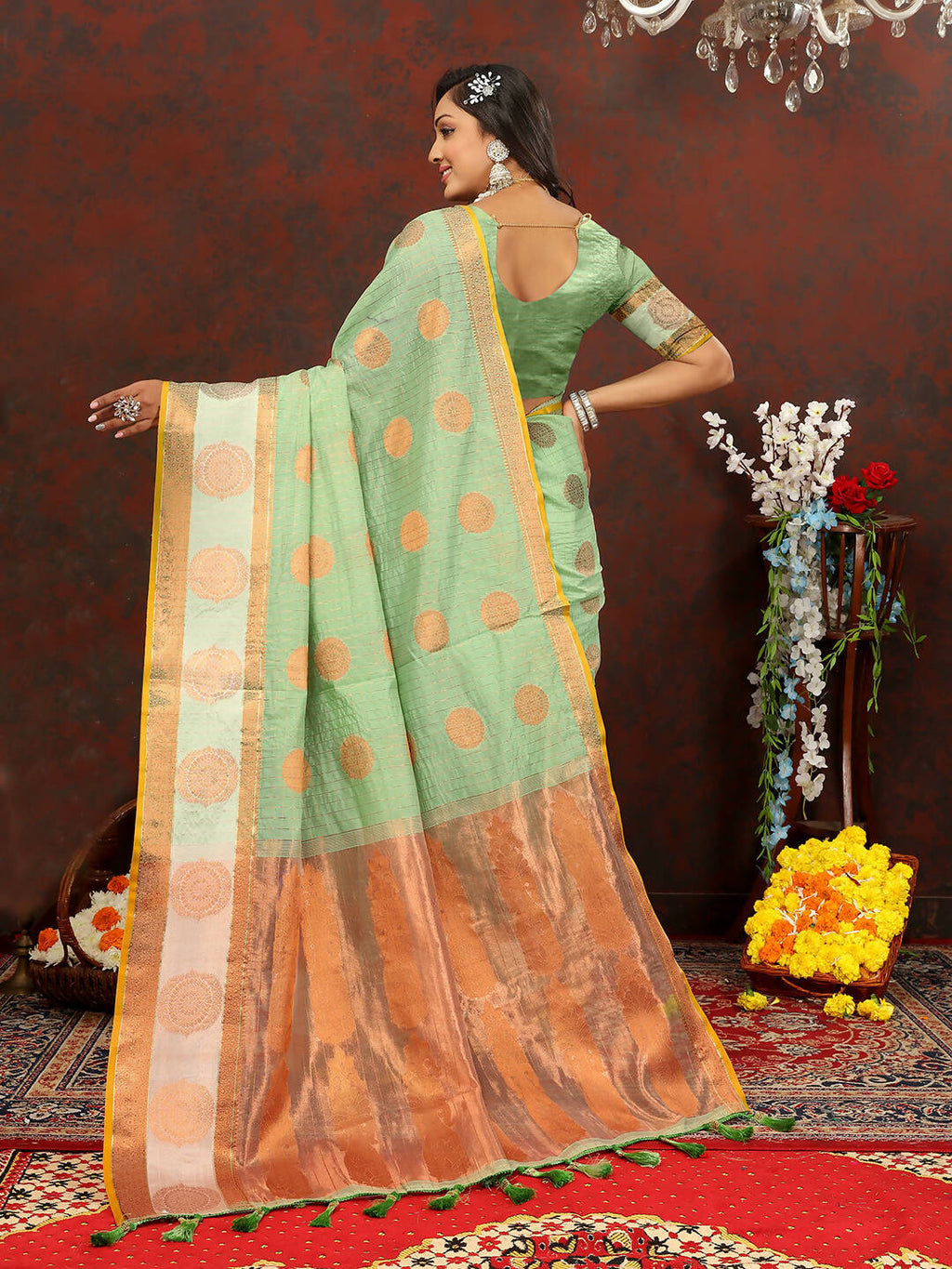 Seagreen Cotton Saree with Metallic Gold Zari Weaving and Tassels