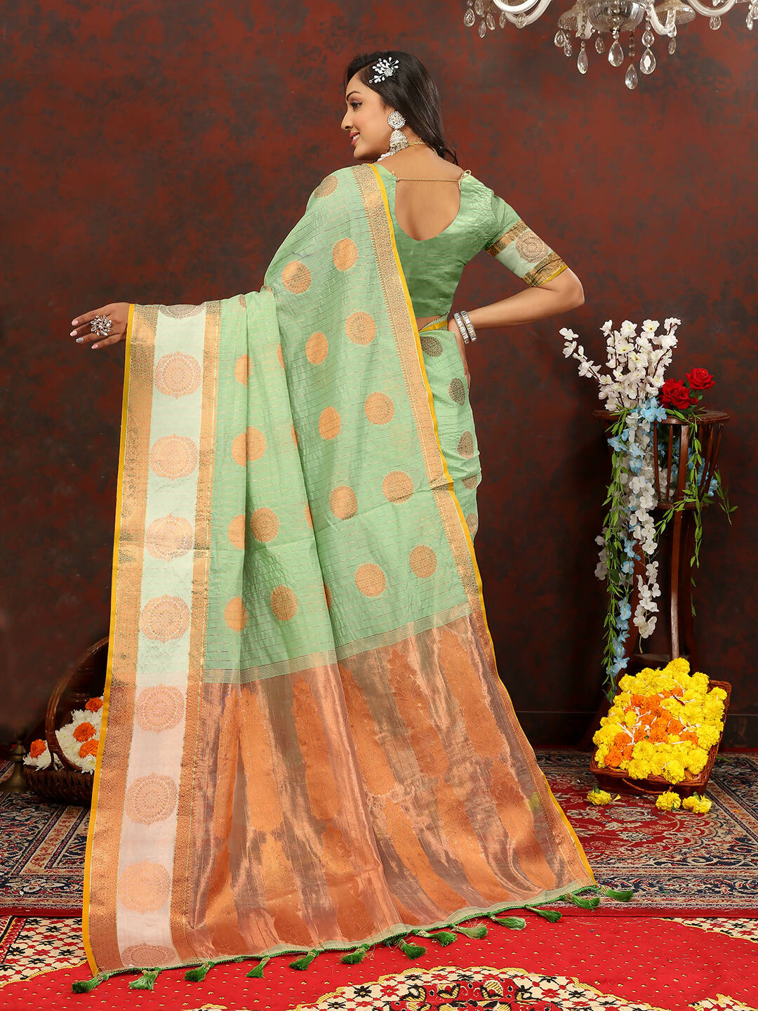 Seagreen Cotton Saree with Metallic Gold Zari Weaving and Tassels
