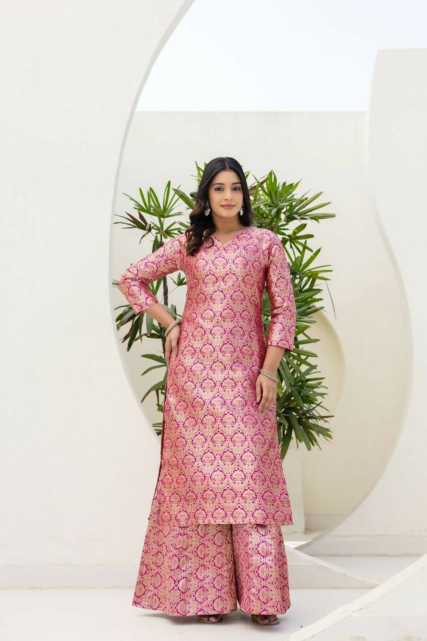 Pink Jacquard Embroidered Sharara Set with Matching Kurti & Pant