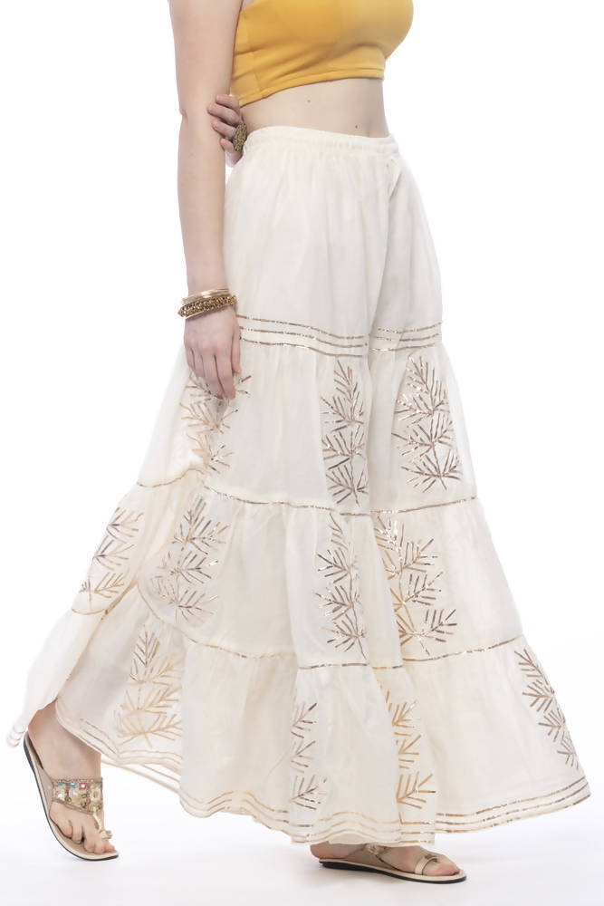 Off White Cotton Sharara Pants for Girls with Traditional Gota Work