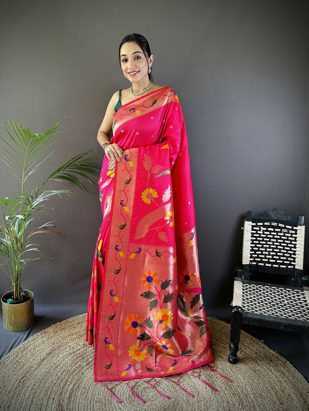 Rani Pink Soft Silk Paithani Saree with intricate gold zari woven floral motifs and matching blouse