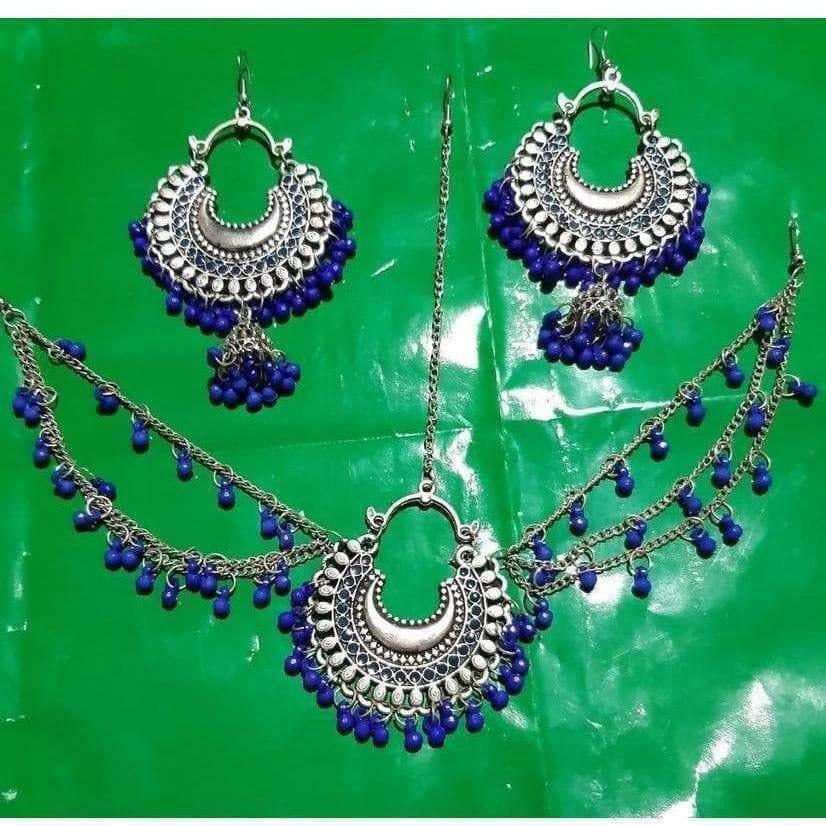 Elegant designer blue maang tikka with matching earrings for women