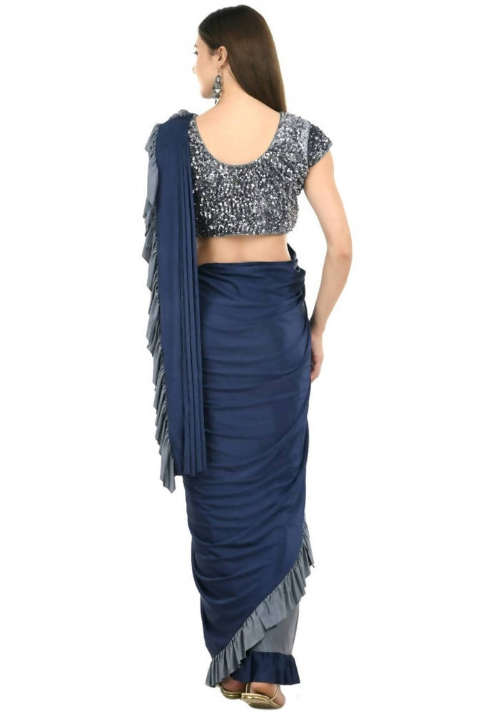 Gray and Blue Ruffled Ready-to-Wear Lycra Saree with Sequin Blouse