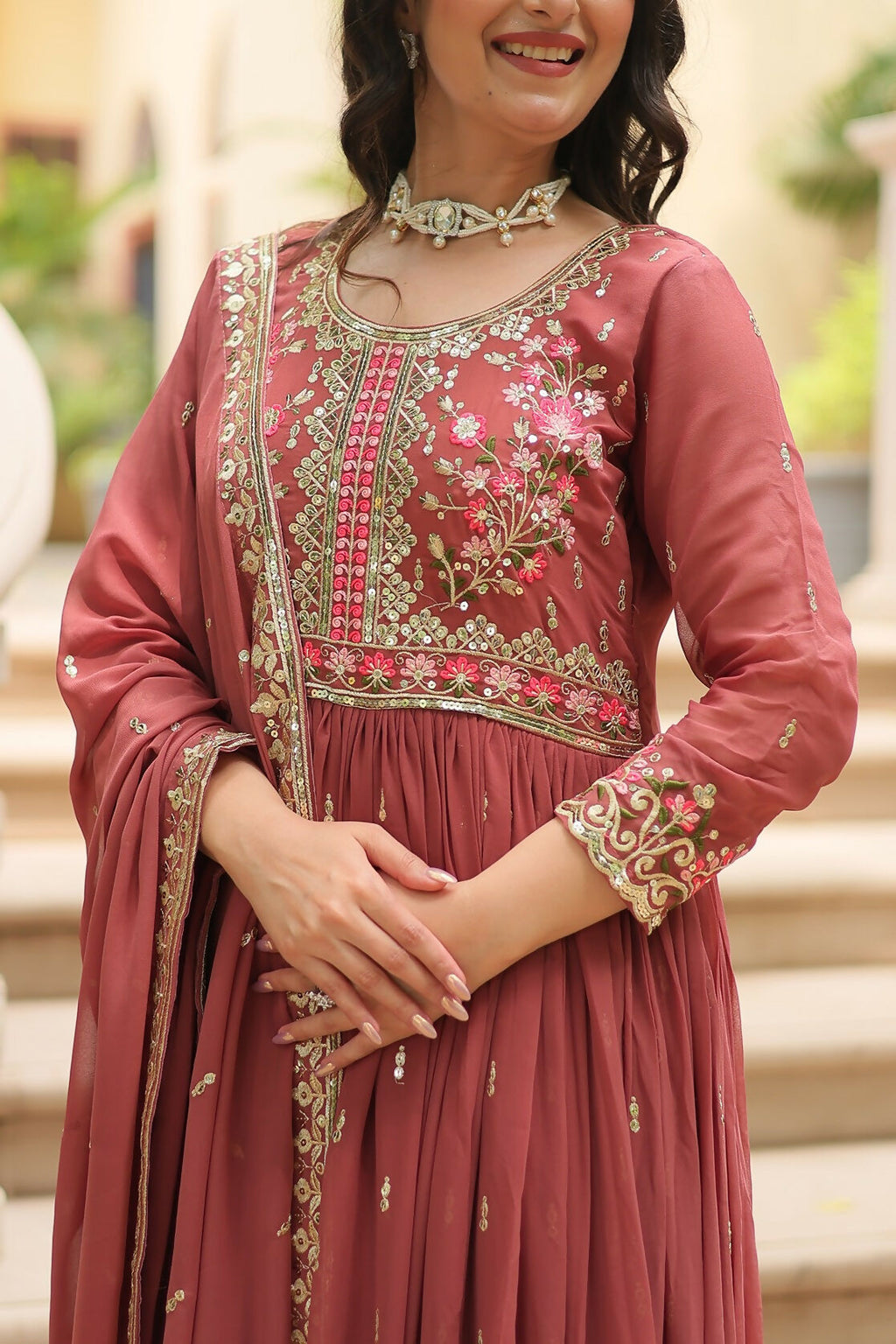 Coffee Chiffon Sequence Embroidery Kurta Set for Women