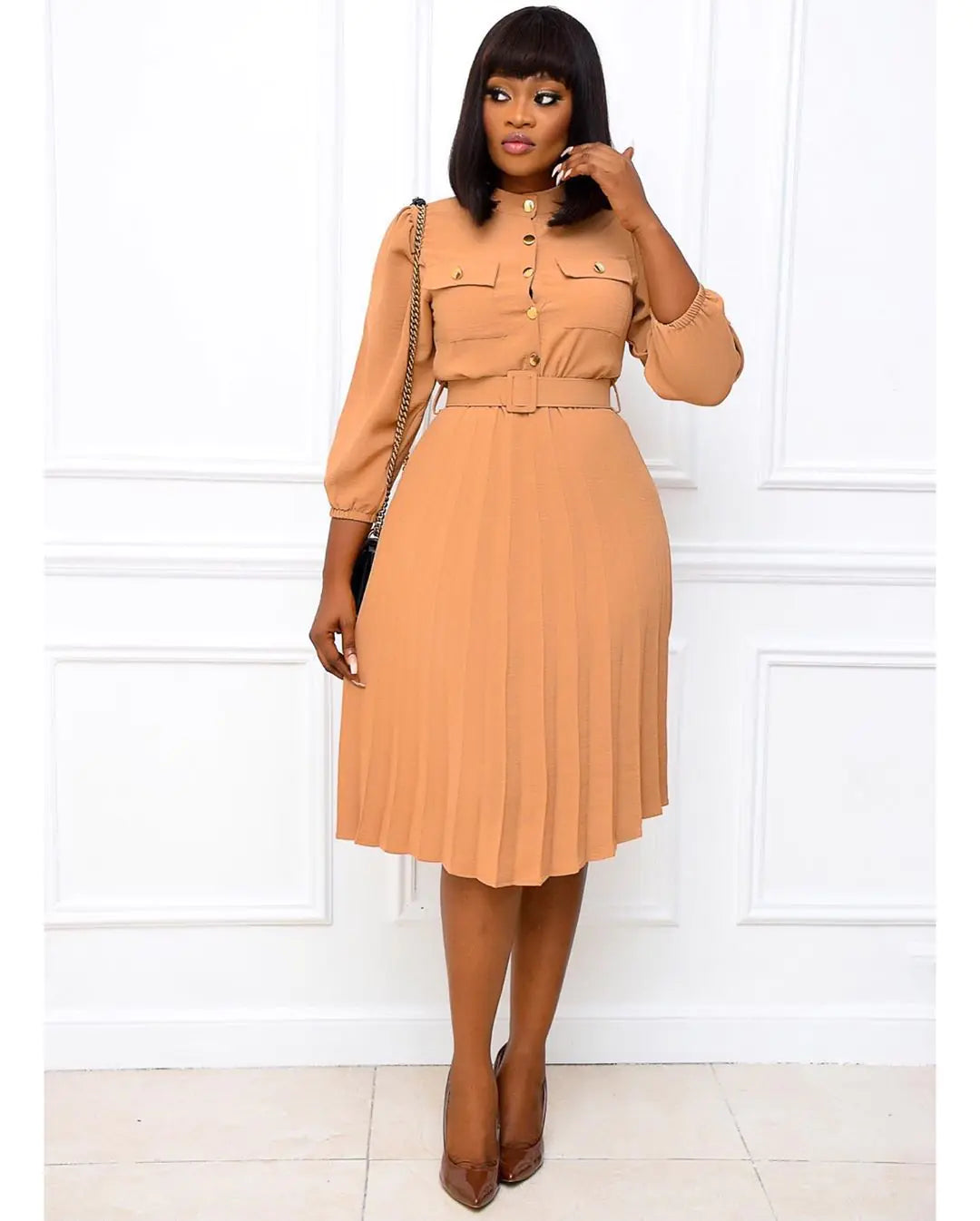 Women's Khaki Midi Dress with Stand Collar