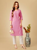 Pink embroidered cotton blend kurta pant set with sequin details.