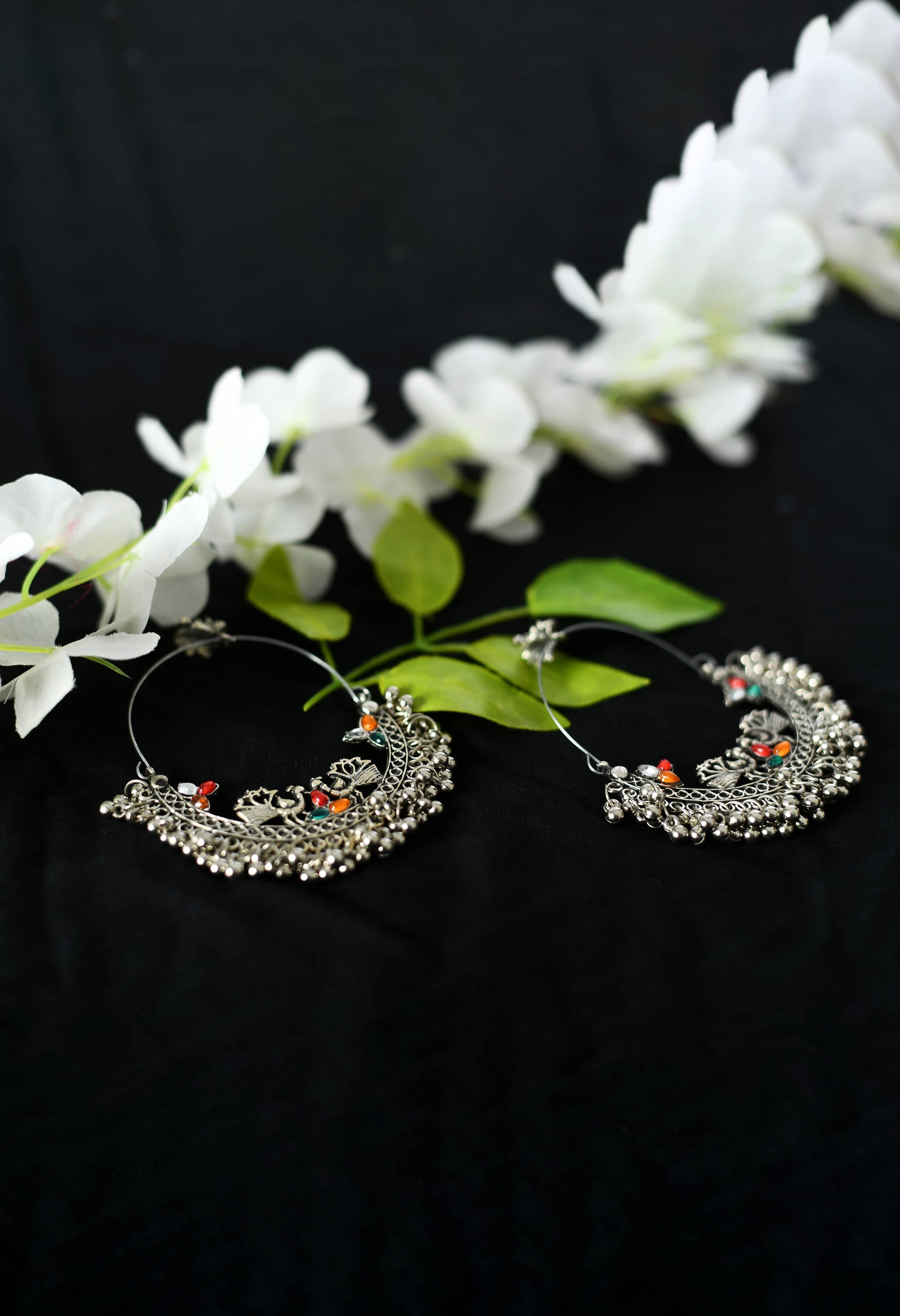 Peacock Design Chandbali Earrings in Silver and Multicolor