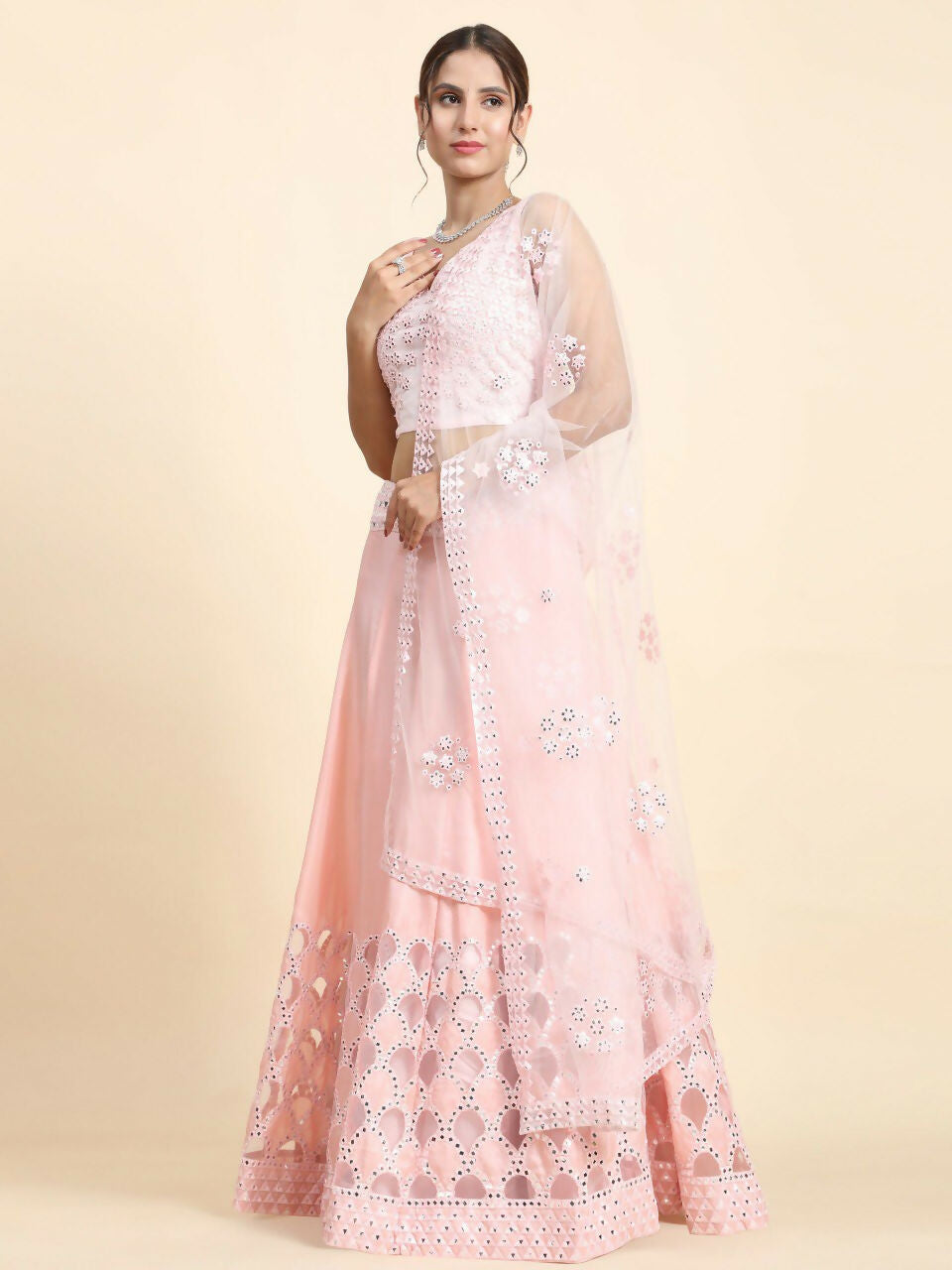 Baby Pink Silk Thread & Paper Mirror Lehenga Choli with Dupatta