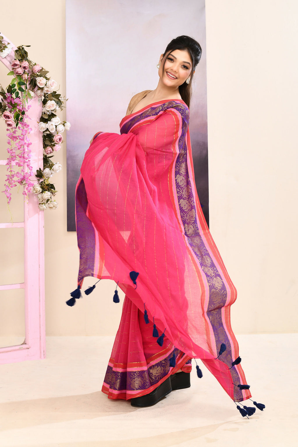 Rani Pink Cotton Saree with Embellished Zari Border