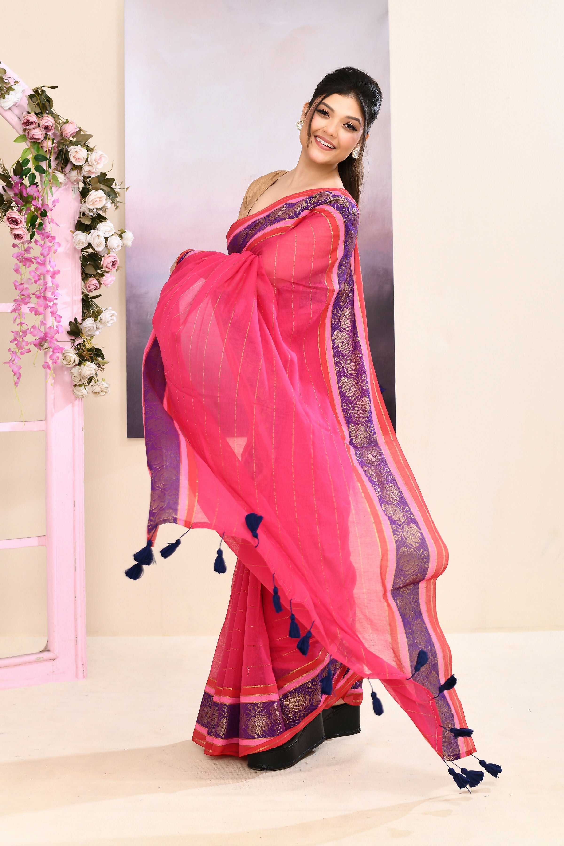 Rani Pink Cotton Saree with Embellished Zari Border