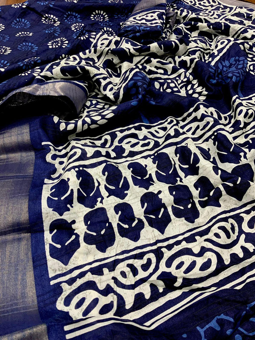 Blue Poly Silk Saree with Batik Print and Ethnic Motifs
