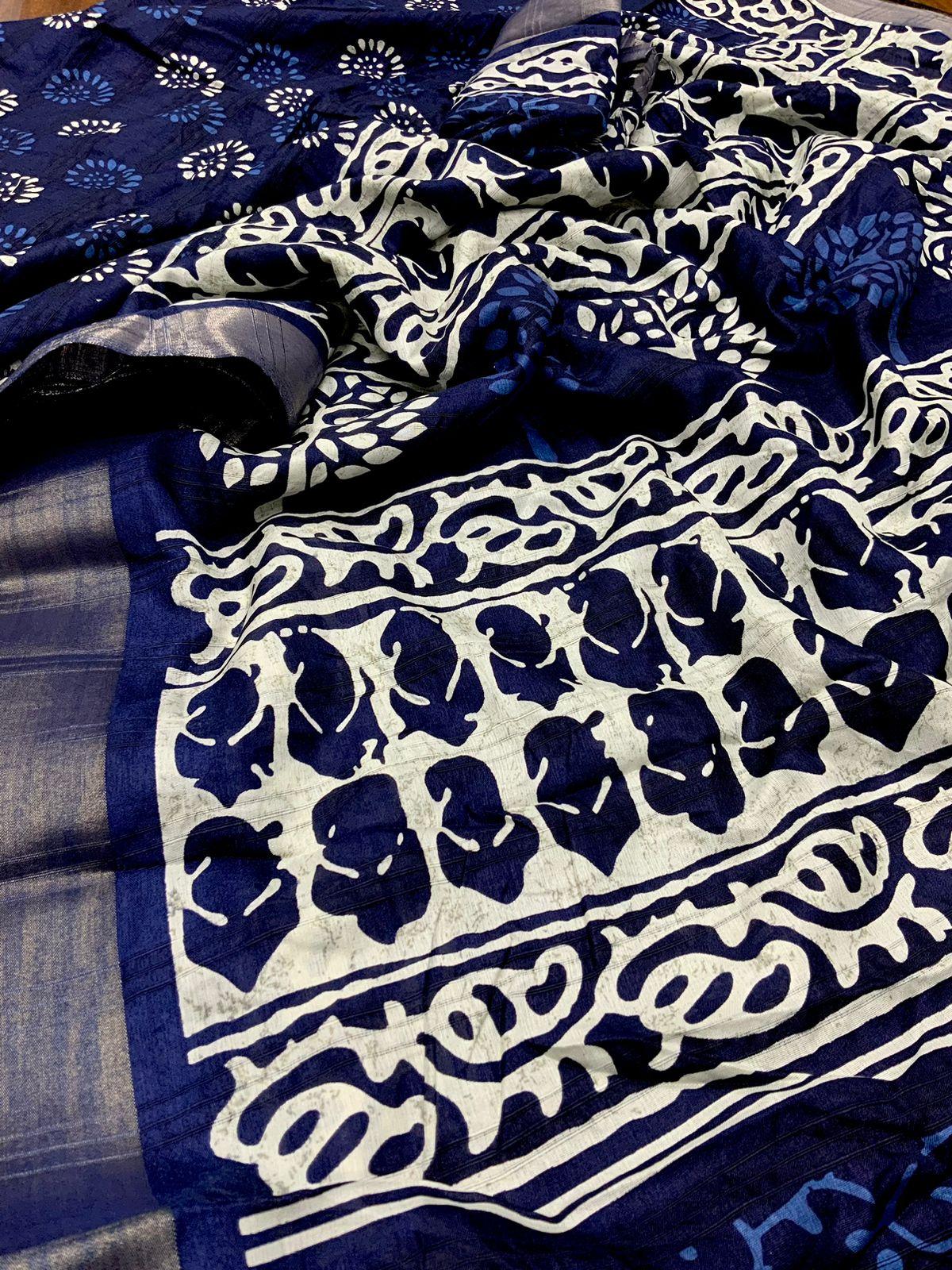 Blue Poly Silk Saree with Batik Print and Ethnic Motifs