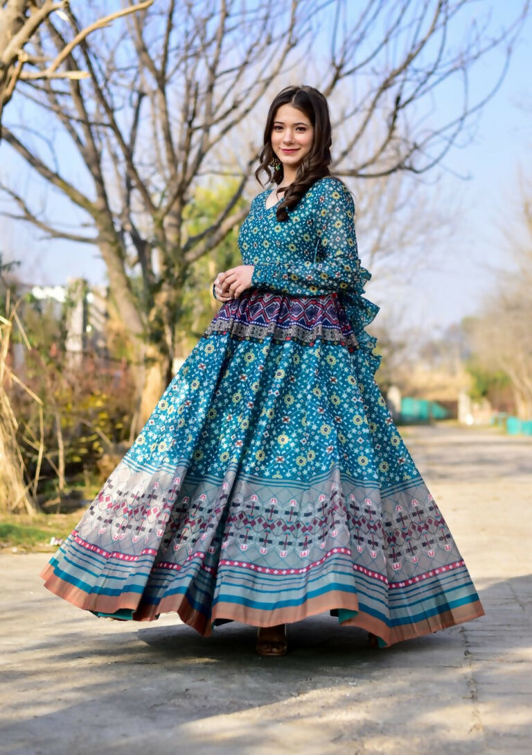 Women's Blue Geometric Print Cotton Silk Anarkali Dress