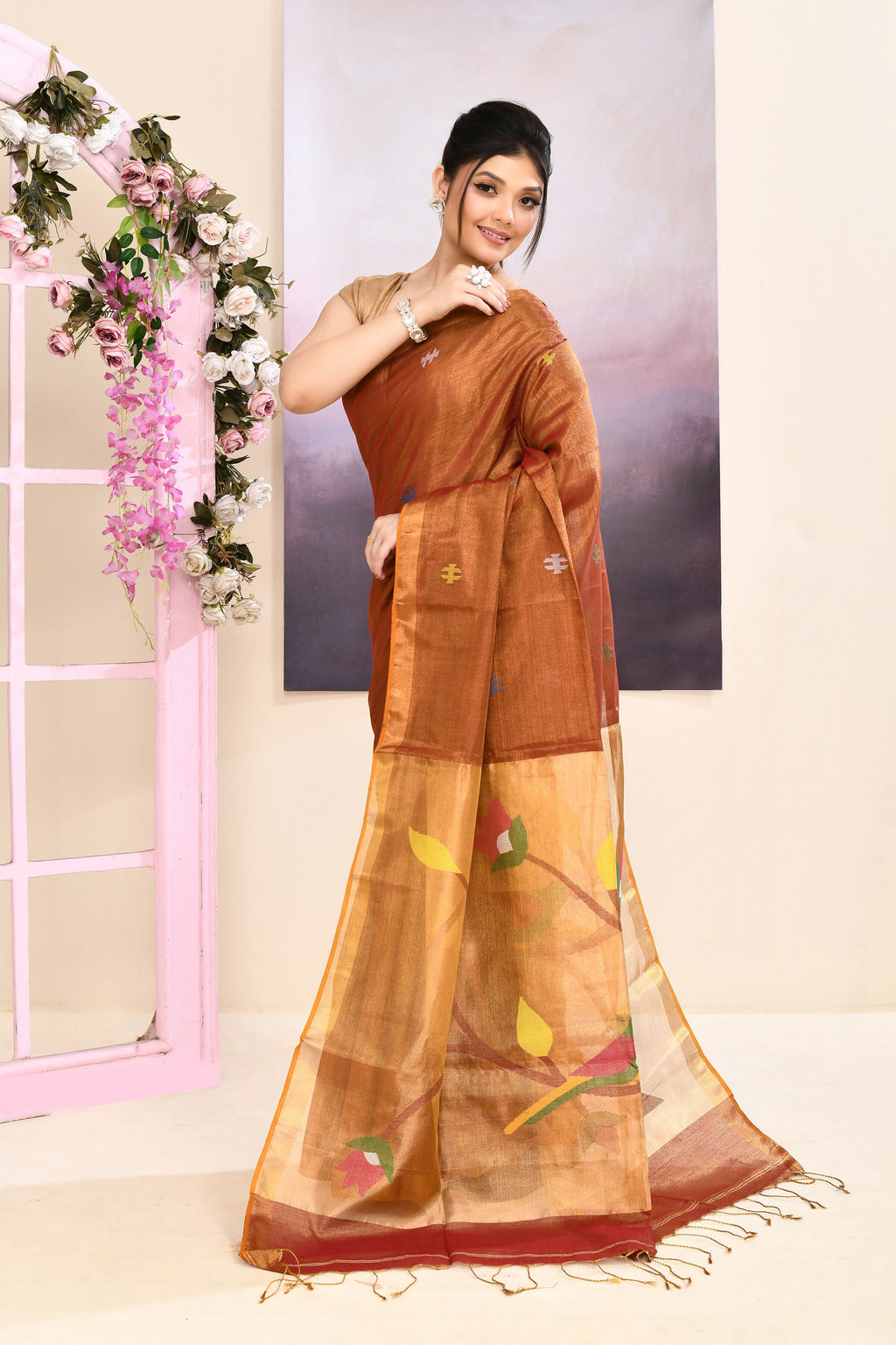 Brown Tissue Jamdani Saree with Ornate Embellishments