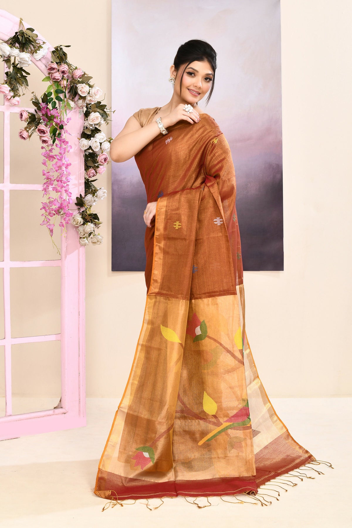 Brown Tissue Jamdani Saree with Ornate Embellishments