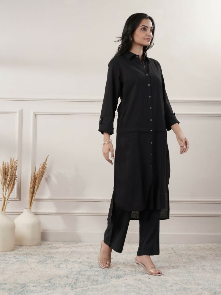 Women's Black Cotton Midi Dress With Button Detail