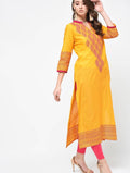Cheera mustard hand block print straight kurta for women