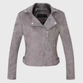 Suede Lapel Long Sleeve Zipper Detail Leather Jacket