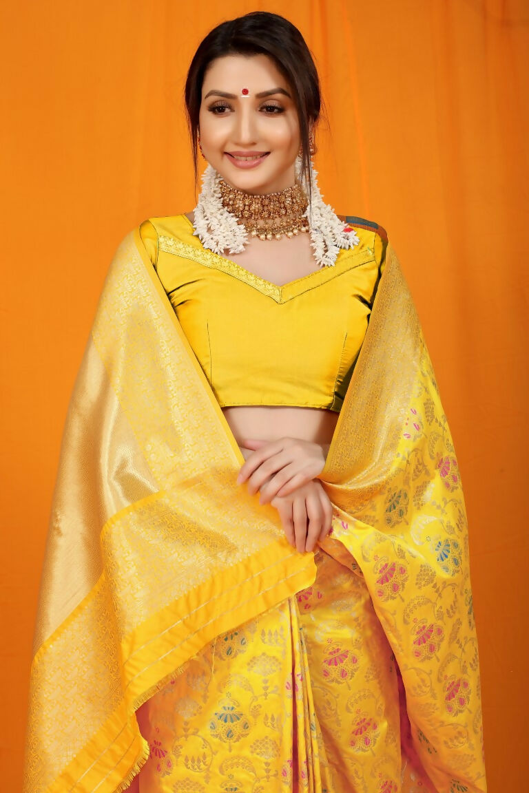 Yellow Kanjivaram Silk Zari Woven Saree for Festive Occasions