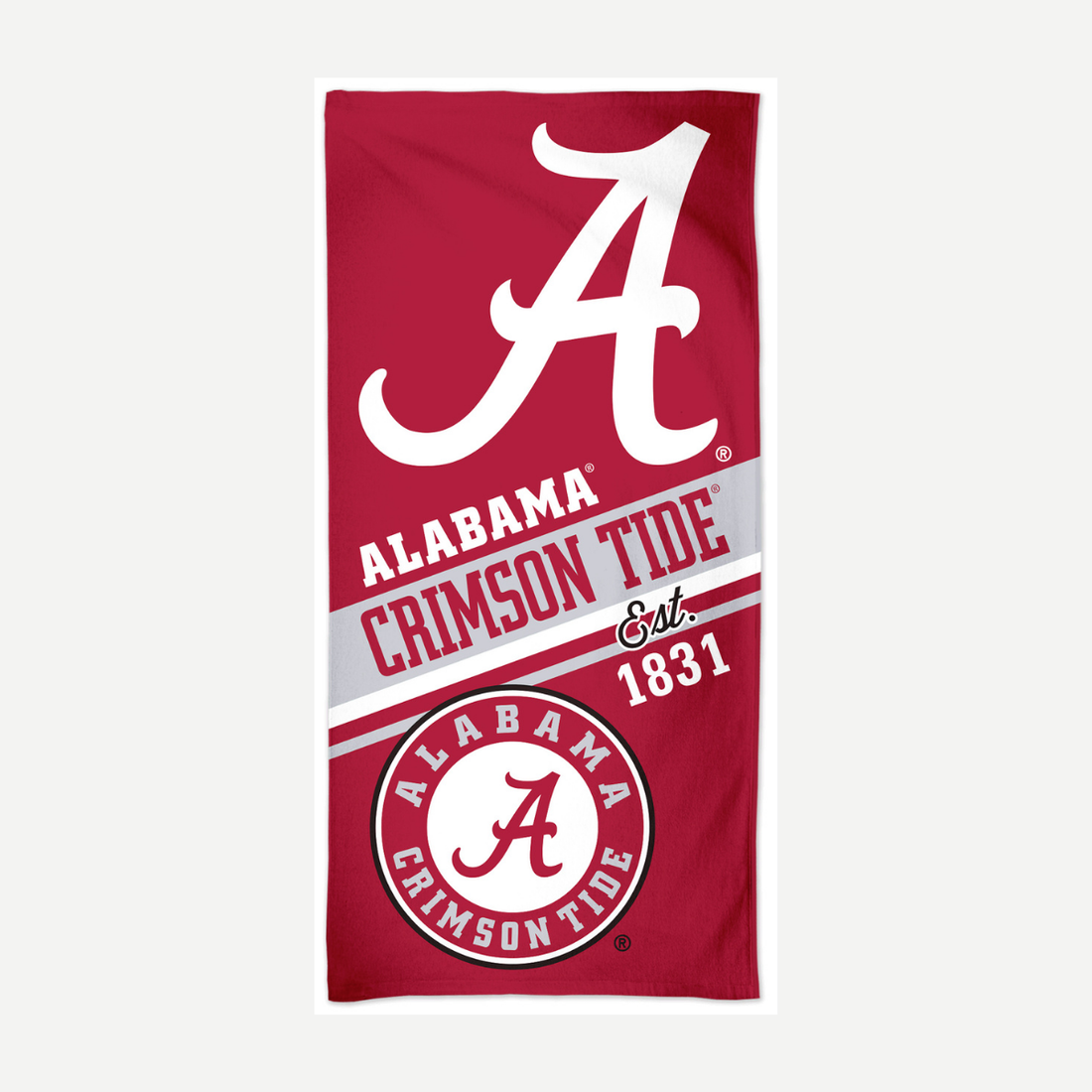 Alabama Crimson Tide velour beach towel featuring large script A, team name, and school established date in crimson and white