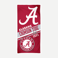 Alabama Crimson Tide velour beach towel featuring large script A, team name, and school established date in crimson and white