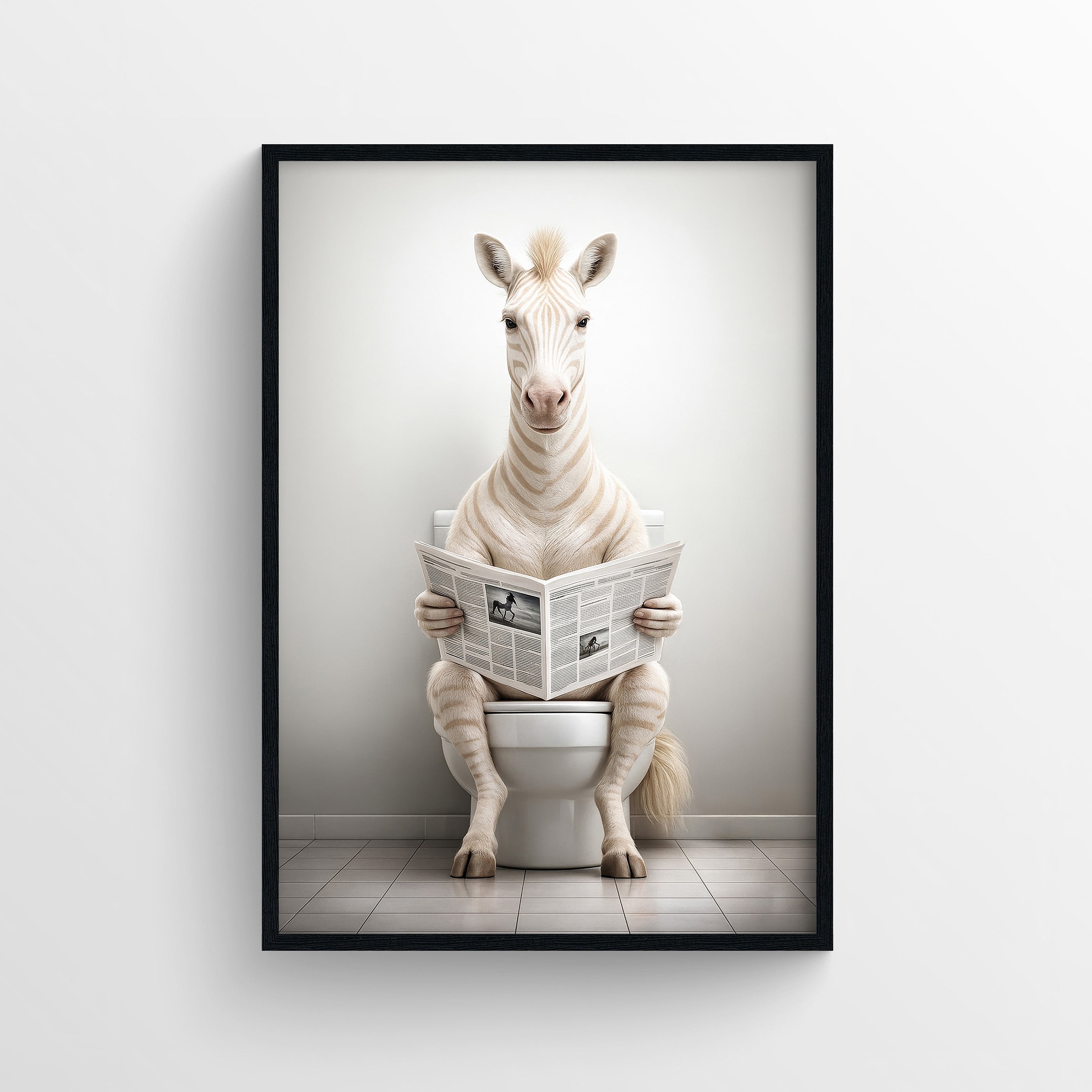 Photorealistic poster of an albino zebra sitting on a toilet reading a newspaper