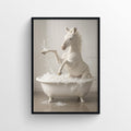 Photorealistic poster of an albino zebra standing in a white clawfoot bathtub