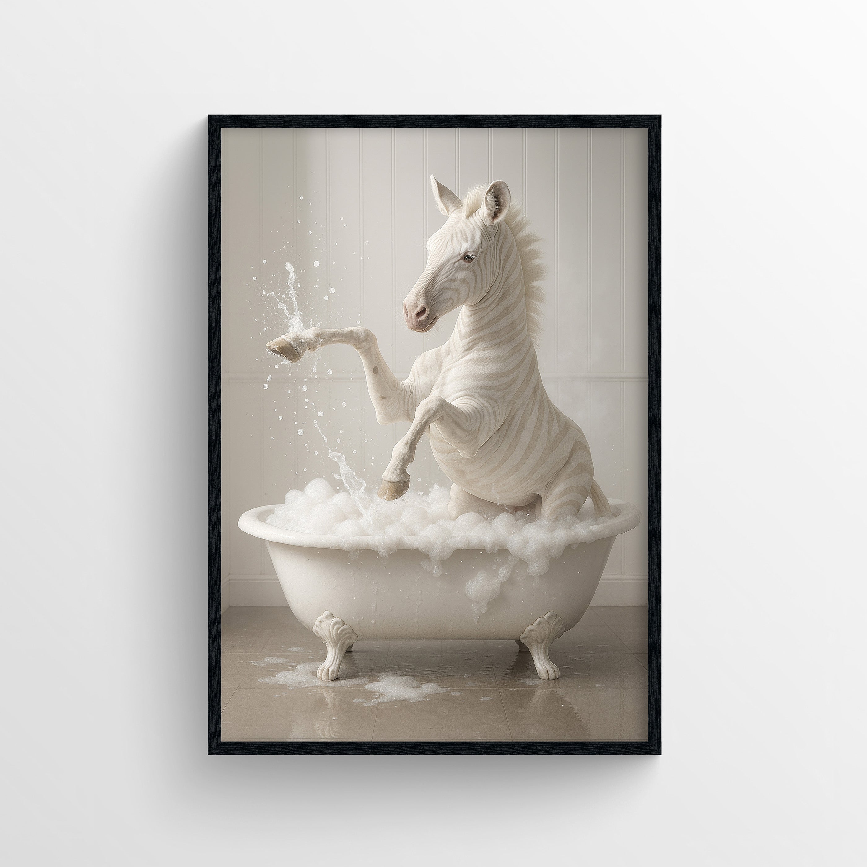 Photorealistic poster of an albino zebra standing in a white clawfoot bathtub