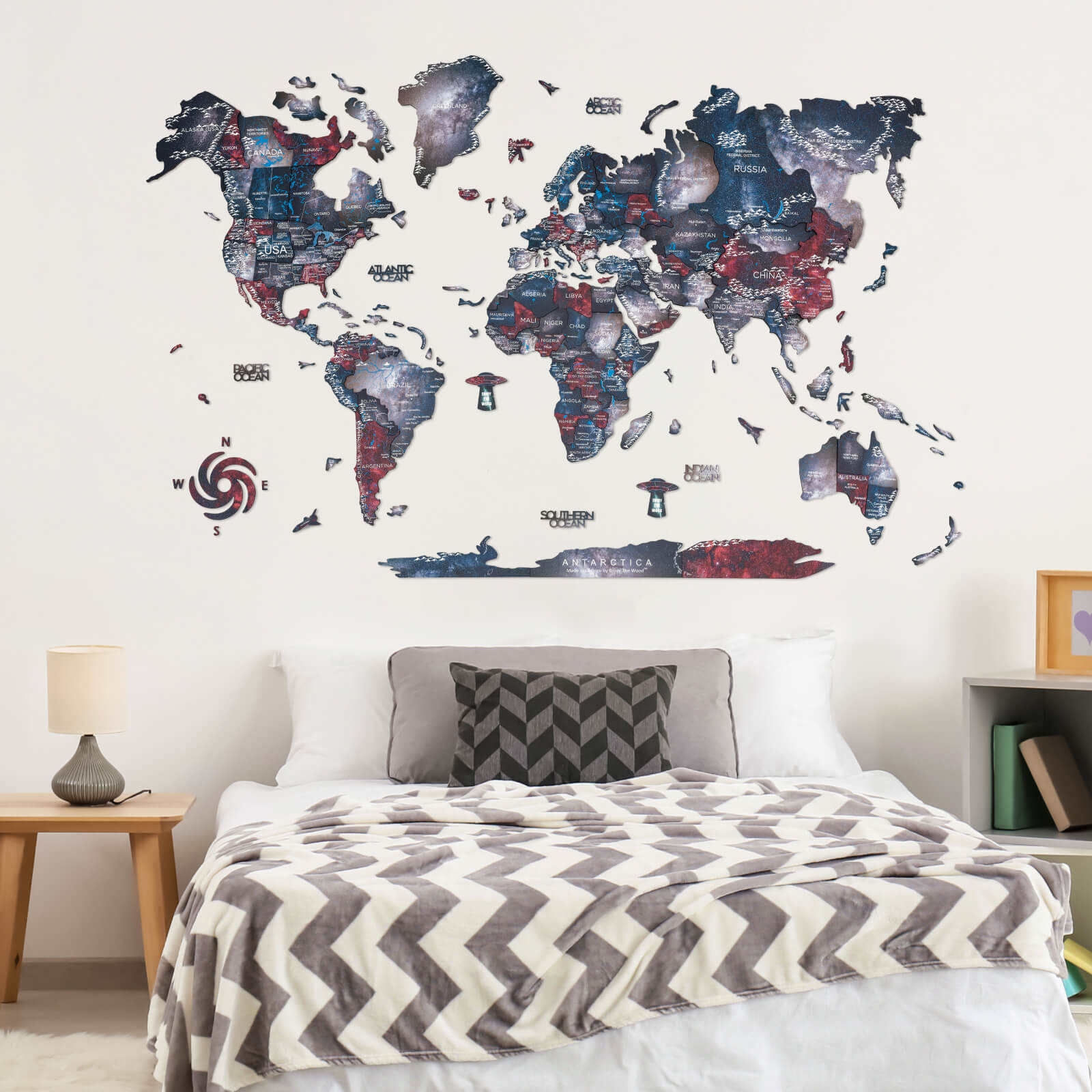 3D Wooden World Map Alcor: Modern Colorful Travel Wall Art