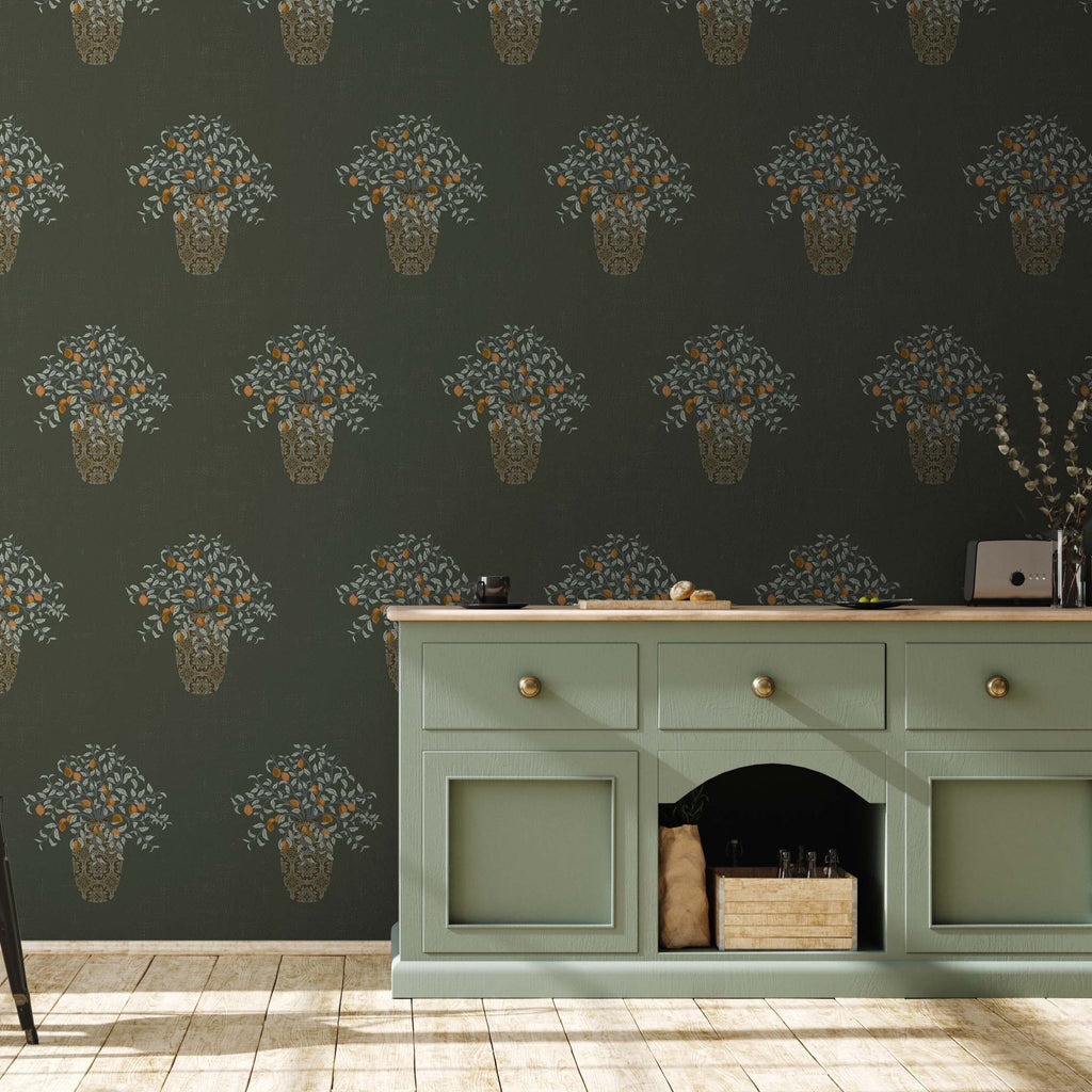 Alessa botanical wallpaper in shades of olive-green, sage-green, and orange